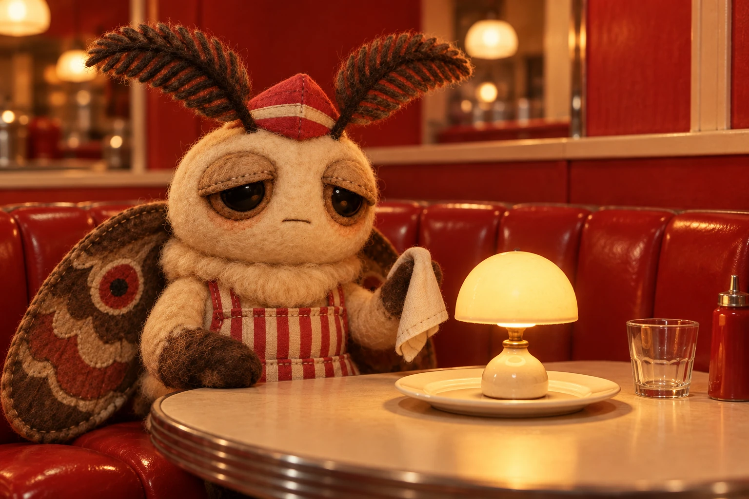 Momo sits in a red miniature diner booth with a napkin, solemnly keeping a small glowing table lamp company; the lamp is served on a ceramic dinner plate.