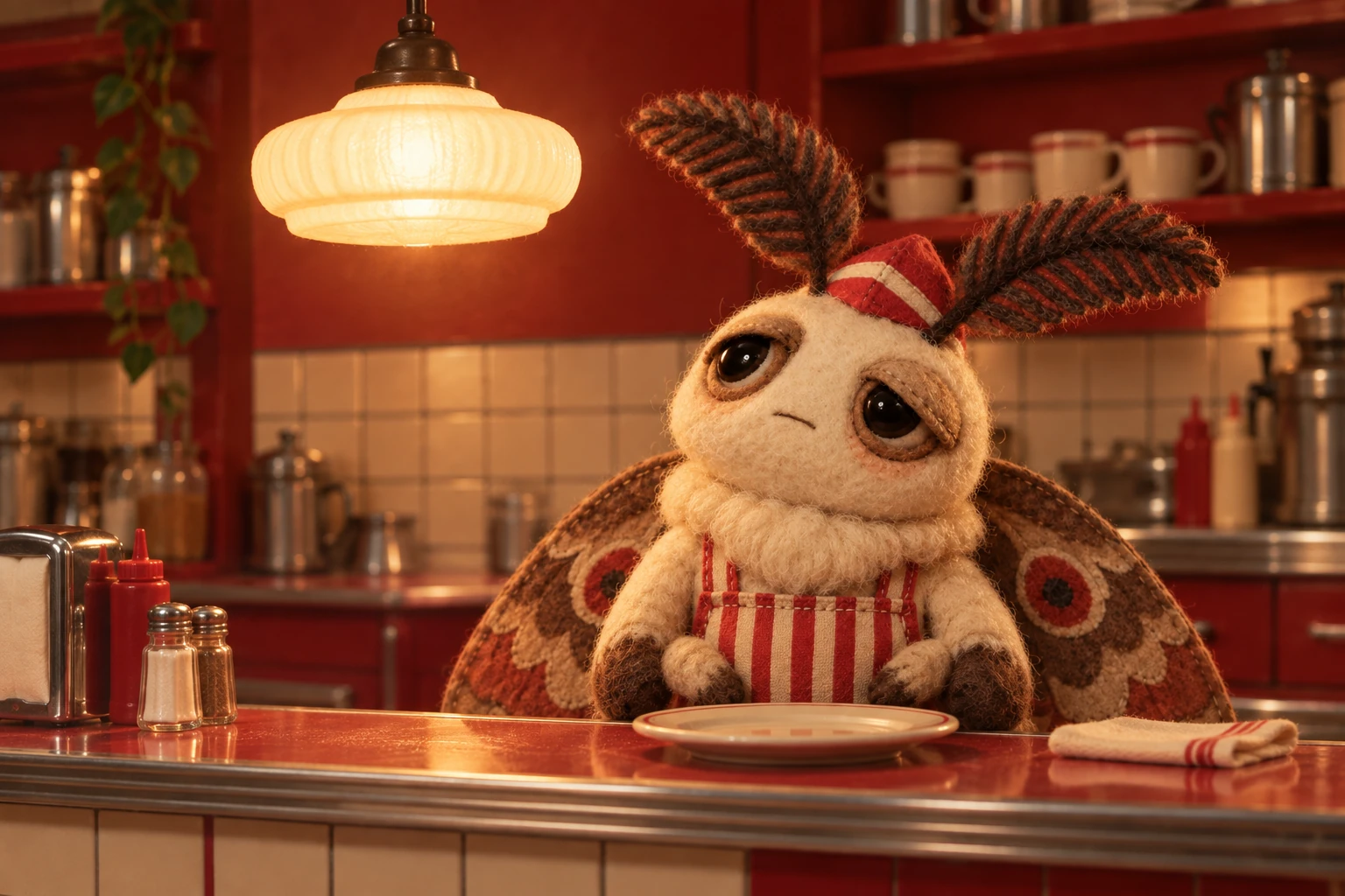Momo, a sleepy cream felt moth in a red cap and striped apron, looks up at a glowing pendant lamp above a miniature diner counter while his plate remains empty.