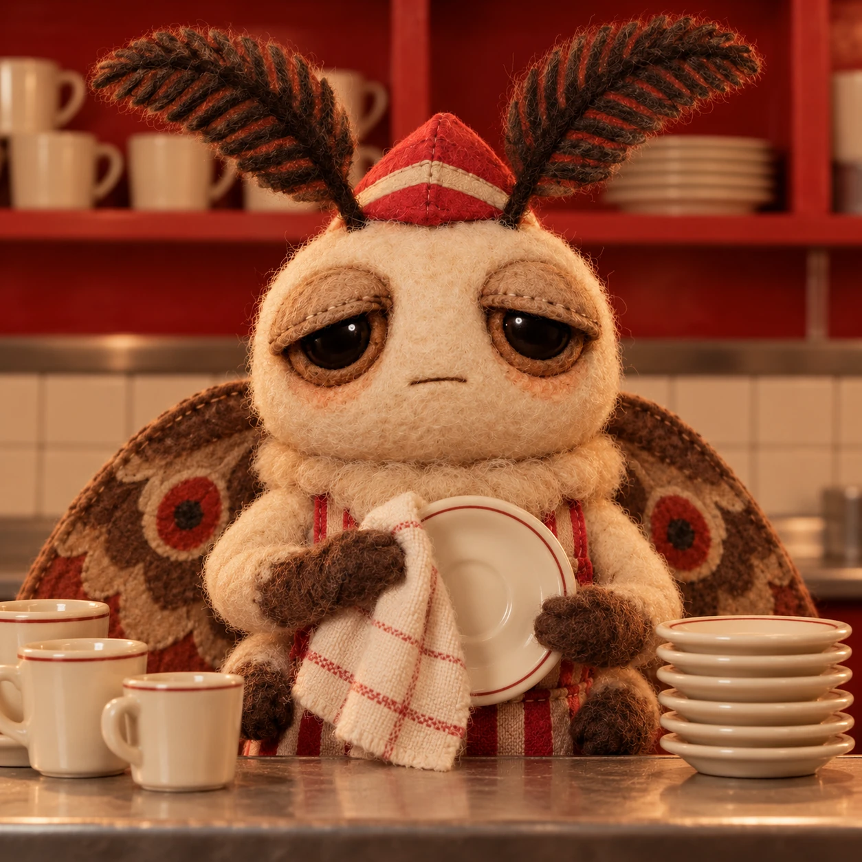 Momo polishes a saucer with a red-checked cloth behind a miniature counter lined with cups and a neat stack of saucers; his broad feathery antennae and patterned wings spread out behind him.