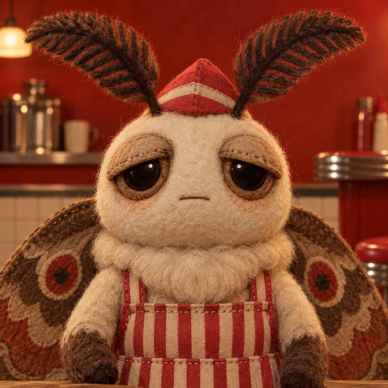 Full square Momo Miso token portrait showing his sleepy eyes, cream felt face, huge brown antennae, red cap and striped diner apron.